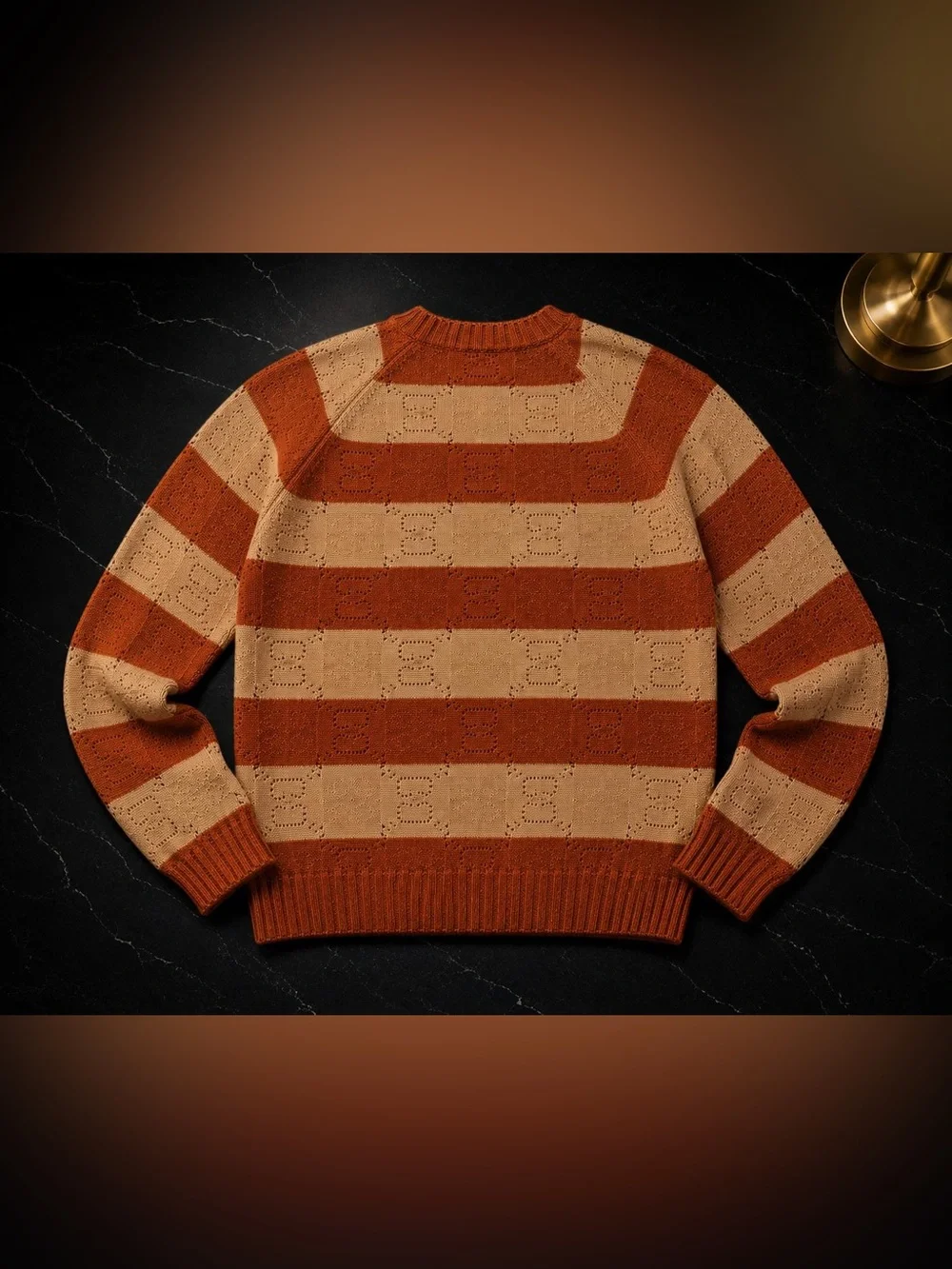 Authentic Gucci 100% Wool Striped Knit Sweater | Beige & Rust | Size L | Made in
